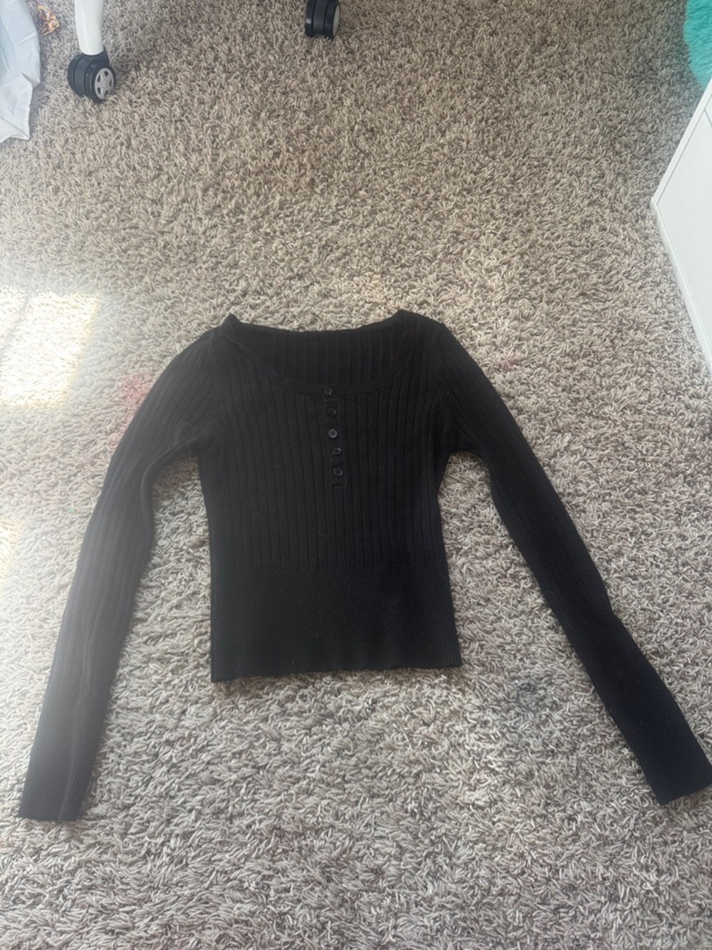 Ribbed Long-Sleeve Button-Front Black Women's Top